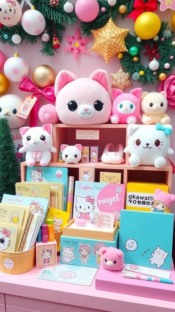 A collection of kawaii items such as plush toys, stationery, and accessories in a festive Christmas setting.